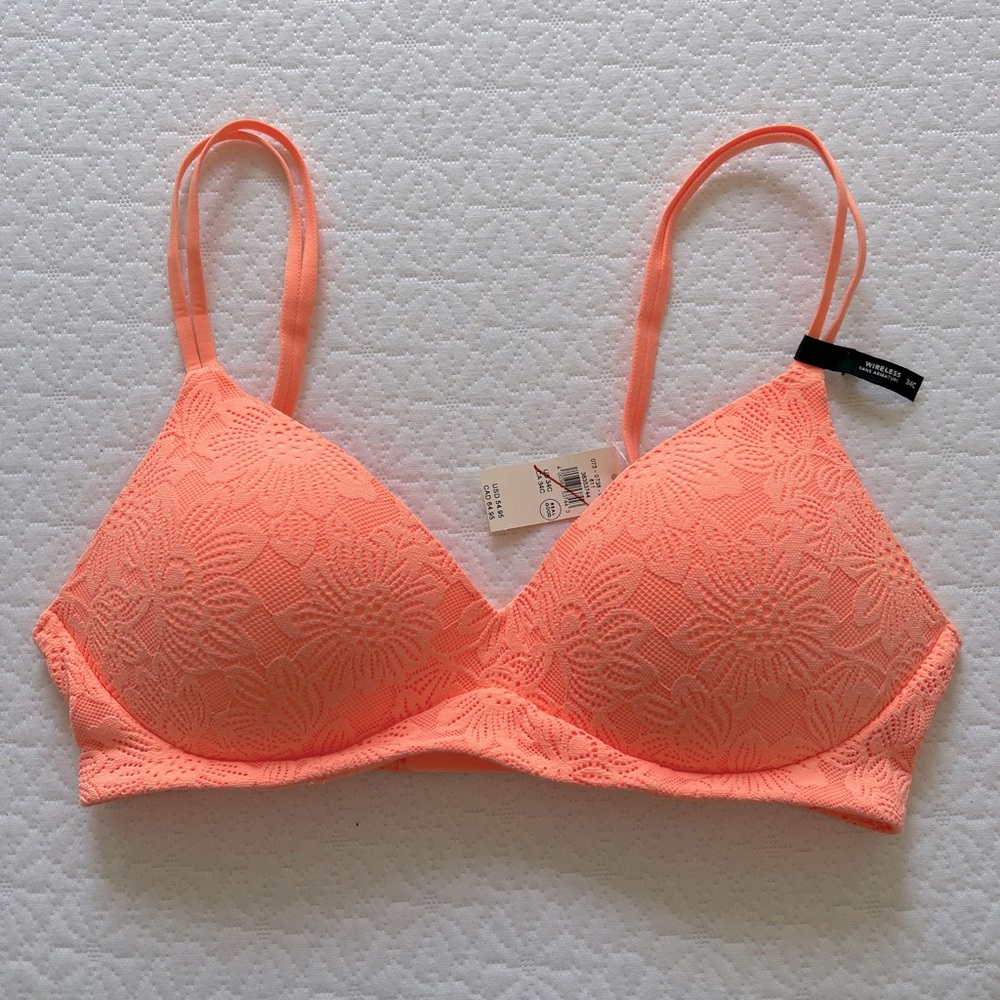 🆕 aerie Real Good Real Sunnie Bloom Lace Wireless Bra Size 34C Orange